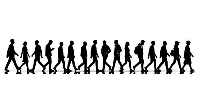 Molded silhouettes of people marching in a line for protest, crowd movement concept, vector social group background