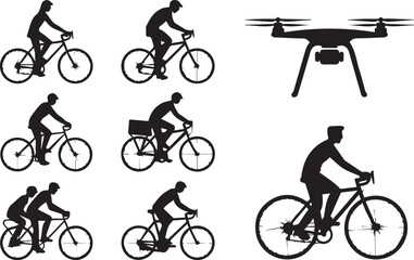 Obraz premium Cyclist silhouettes and drone icon with silhouette quadcopter technology transport activity recreation lifestyle movement training