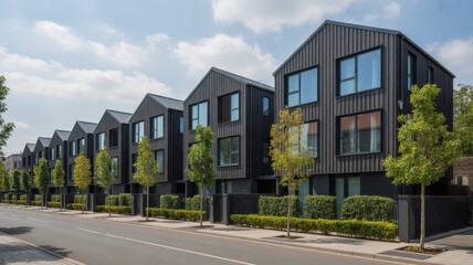 Obraz premium Modern row of black gabled townhouses on a contemporary residential street