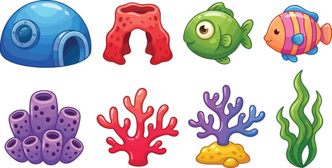 Underwater Aquarium Decoration Asset Set with Cute Cartoon Tropical Fish Submarine Dome House Reef and Colorful Sea Coral Vectors for Game UI Designs © Lipi