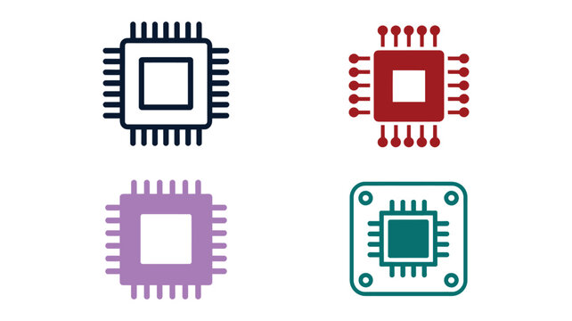 Electronic microchip vector icons collection featuring various circuit board styles for hardware technology and computer design.