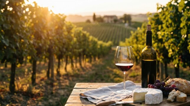 Wine Tasting Setting with Cheese in a Sunlit Vineyard