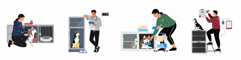 Veterinary clinic staff providing medical care, feeding, and monitoring husky dogs in cages within a professional animal hospital setting. © Reno