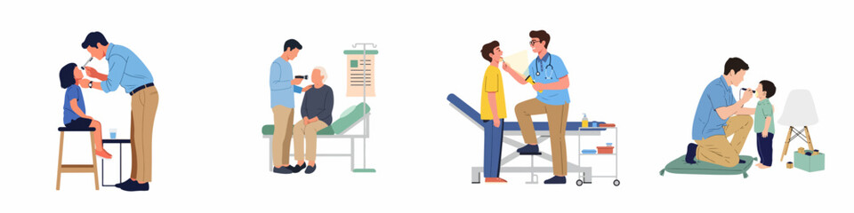 Fototapeta premium Illustrations of a male doctor performing medical checkups and throat examinations on various patients including children and an elderly woman.