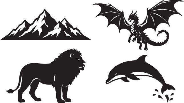 Collection of silhouette icons including mountains dragon lion dolphin with mythical creature sea life black and white graphic resource