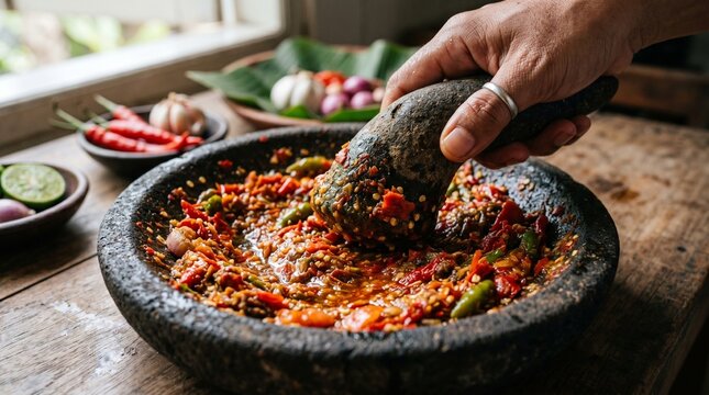 Ultra Detailed Macro Shot of Spicy Sambal on Cobek