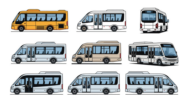 Large set of modern mini bus vehicles in different colors and views including side, front, and back profiles for transport logistics.