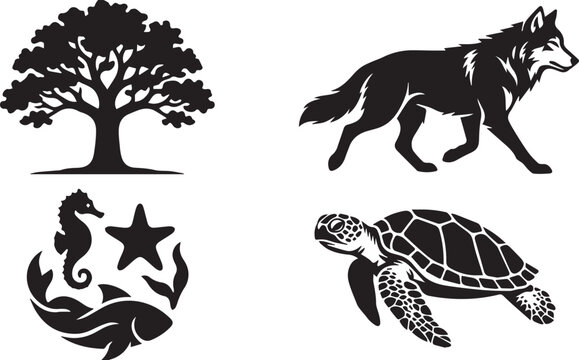 Silhouette graphic elements: tree wolf seahorse fish star turtle with marine life black and white graphic resource seahorse silhouette