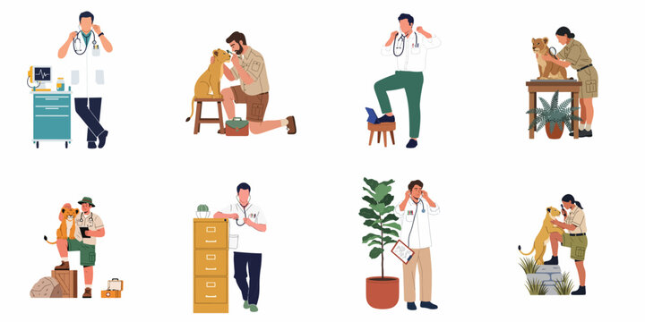 Flat Illustration Set of Medical Professionals and Wildlife Veterinarians Examining Lion Cubs in Various Clinical and Nature Settings