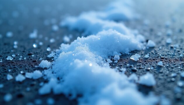 Blue and white salt crystals scatter on icy pavement. Winter de-icing chemicals texture forms abstract background. Rock salt granules melt ice.