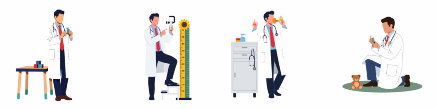 Set of pediatric doctor illustrations showing medical examinations, height measurement, and inhaler usage instructions for children in a clinical setting.