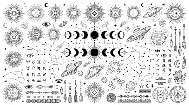 Collection of celestial and mystical symbols with celestial, mystical