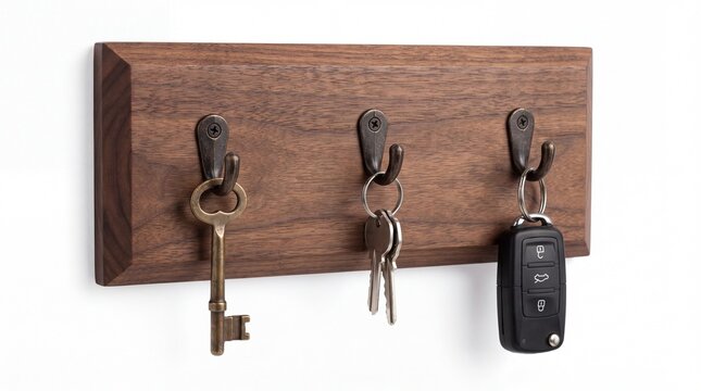 Three different types of metal keys hanging on a wooden rack mounted on white background