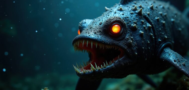 Anglerfish with orange glowing eyes and sharp teeth swims in dark deep ocean water. Spiky sea creature opens mouth showing rows of needle teeth. Marine abyss predator hunts in deep sea.