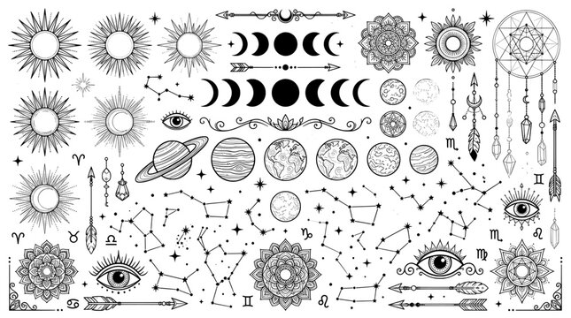 Collection of celestial and mystical symbols with celestial, mystical