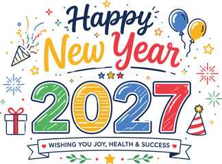 Fototapeta premium Happy New Year 2027 Festive Typography Design with Colorful Numbers Confetti Balloons Party Hat Fireworks and Greeting Ribbon Banner Vector Illustration