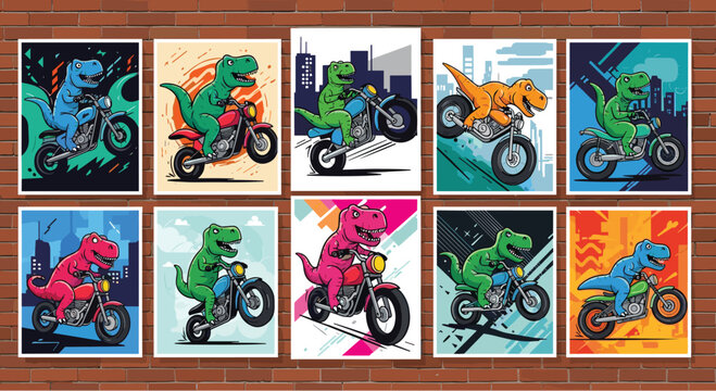 Collection of various cool t-rex dinosaur characters riding colorful motorcycles in different action poses on posters.