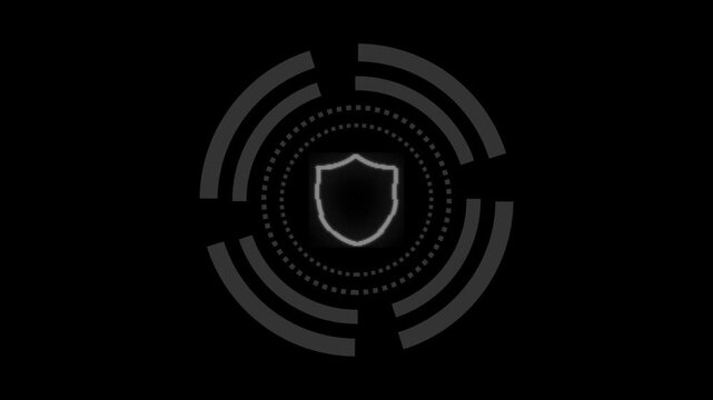 Futuristic digital heads up display hud interface animation featuring rotating concentric circles around glowing security shield icon loop footage