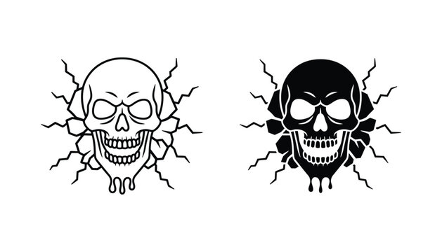 Human skull cracking icon set representing danger or broken structure in outline and solid black styles for edgy graphic design