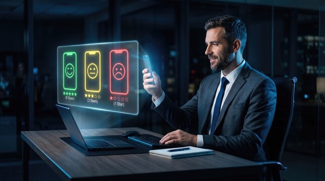 Customer feedback interface with glowing emoji icons, businessman using smartphone for online rating, digital survey and user experience concept