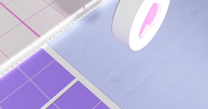 A close-up 3D scene shows a stylized white round icon containing a pink heart symbol resting on a designer's pastel grid mat next to purple tile elements.