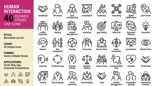Collection of 40 Human Interaction Line Icons featuring Business Collaboration, Teamwork, Communication, Leadership, and Management Symbols in Minimalist Style with Editable Stroke Vector Format.