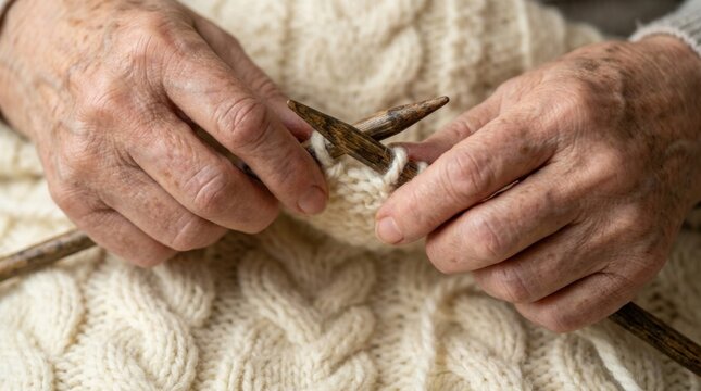 Hands of an Elderly Person Knitting Cream Wool Sweater