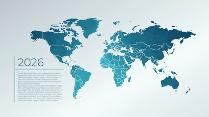 Low poly World Map with country borders. 2026 year sample text. Vector for business, web design, page, cover, global presentation, report, media © Elizaveta Mukhina