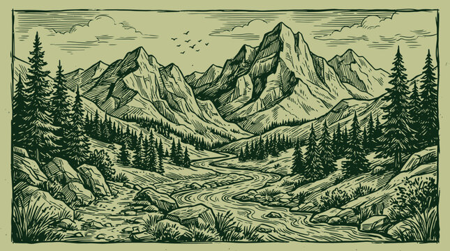 Vintage Hand Drawn Mountain Landscape with Winding River, Pine Trees, and Flying Birds in a Retro Engraving Style, Perfect for Wilderness Adventure Branding and Outdoor Illustration Art.