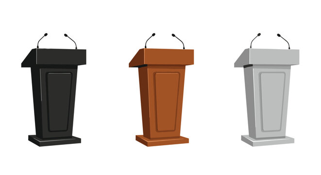 Three podium lecterns for public speaking in black, brown, and grey colors with microphones on a white background.