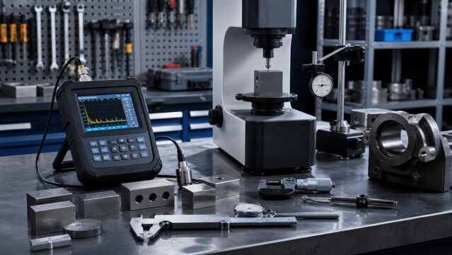 Detailed view of tools and equipment in a mechanical workshop used for precision testing and measurement of metal parts and components with various instruments on the workbench
