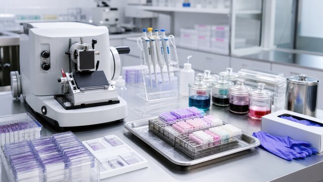 Laboratory setup with microscope, slides, and various solutions during a clinical analysis process at a research facility