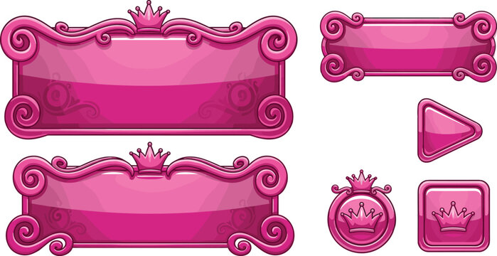 Pink Princess Game UI User Interface Asset Kit with Glossy Menu Boards Banners Crown Icons and Play Buttons for Fairy Tale Mobile App Designs