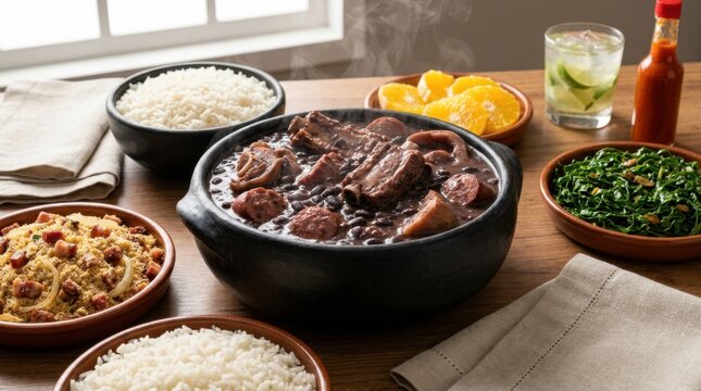 Traditional Brazilian Feijoada Stew with Rice and Farofa