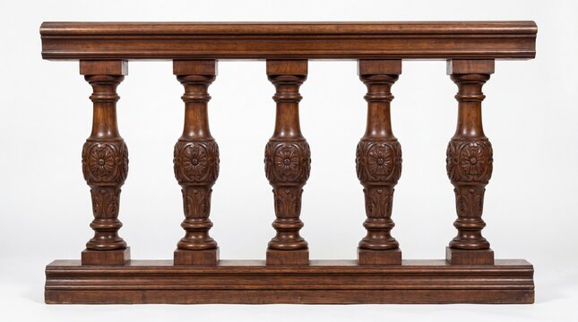 Antique carved wooden balustrade section featuring ornate floral patterns and detailed craftsmanship captured on white background