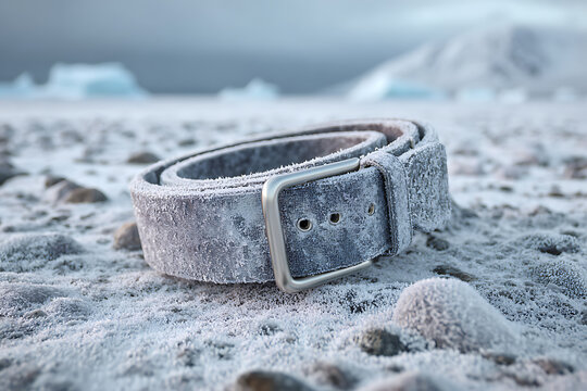 Frozen leather belt on a snowy arctic landscape with icebergs