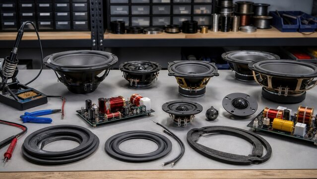 Exhibition of various speaker components and tools laid out on a workshop table in a sound system assembly area with parts organized for easy access