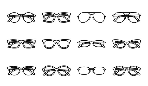 glasses, eyeglasses, sunglasses, eyewear, optical, frame, vision, lens, fashion, accessory, reading, aviator, round, square, style, modern, trendy, eyesight, ophthalmology, optics, icon, icons, outlin