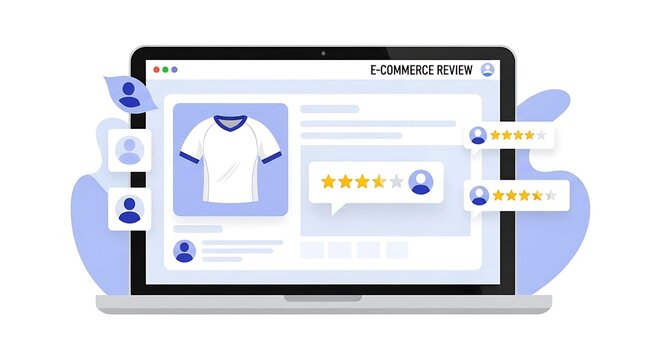 E-commerce review on laptop screen shows product image and ratings