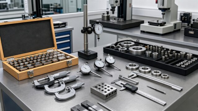 Various tools and equipment arranged on a work surface in a measuring lab showcasing precision instruments for technical tasks