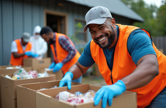 Volunteers pack food boxes for charity. Diverse team members in orange vests and blue gloves work together. Smiling man organizes supplies for community aid program. Helping people in need.