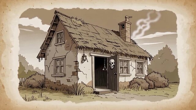 Historic rustic cottage appears in sepia video frame sequence.