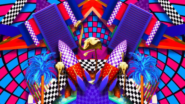 Retro Futuristic Memphis VJ Loop with Neon Towers and Checkerboard Pattern