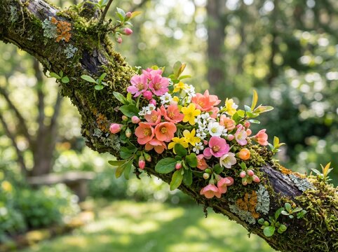 A vibrant cluster of pink, orange, and yellow blossoms growing on a mossy branch in a sunlit spring garden.