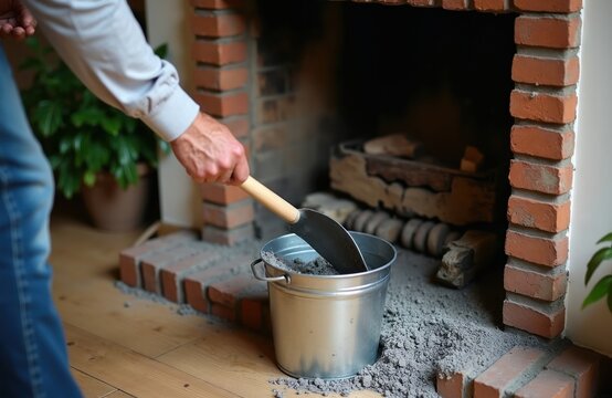 Man cleans fireplace ash with shovel into metal bucket. Indoor home maintenance task, removing debris from hearth. Domestic chore with heating equipment.