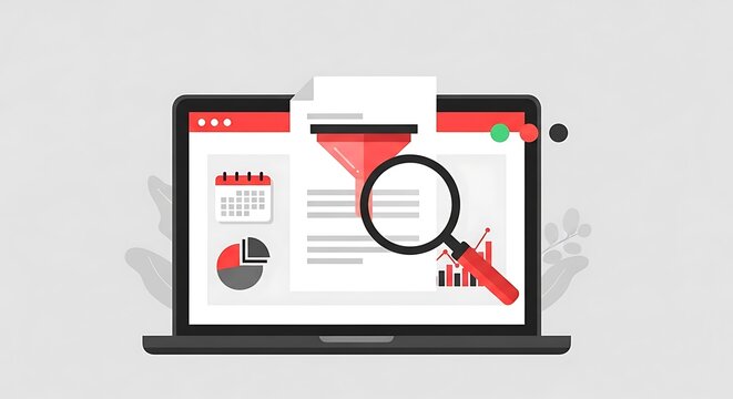 A graphic illustration shows a laptop displaying a webpage with a magnifying glass and funnel on the screen.