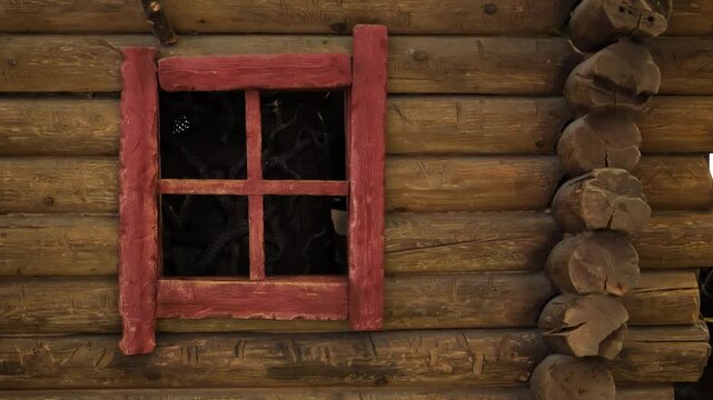 Rustic log cabin wall with a bright red wooden window frame and rough logs