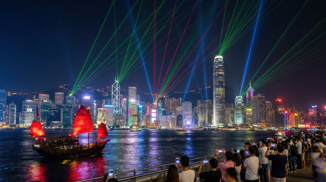 Junk boat with red sails gliding across victoria harbour at night past hong kong skyline with laser lightshow and crowds filming on promenade vibrant urban nightlife concept