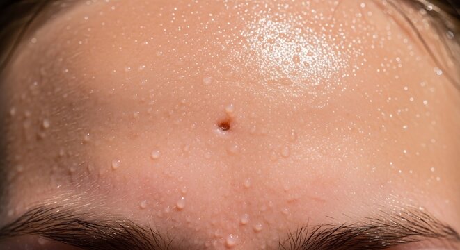 Close up of a sweaty forehead with visible pores and sweat droplets.