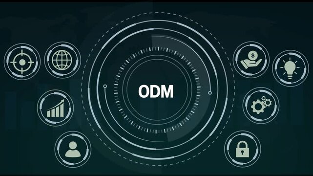 Digital abstract concept of ODM ( Original Design Manufacturer) with interconnected icons representing goals growth user engagement security finance and innovation on a dark teal background with